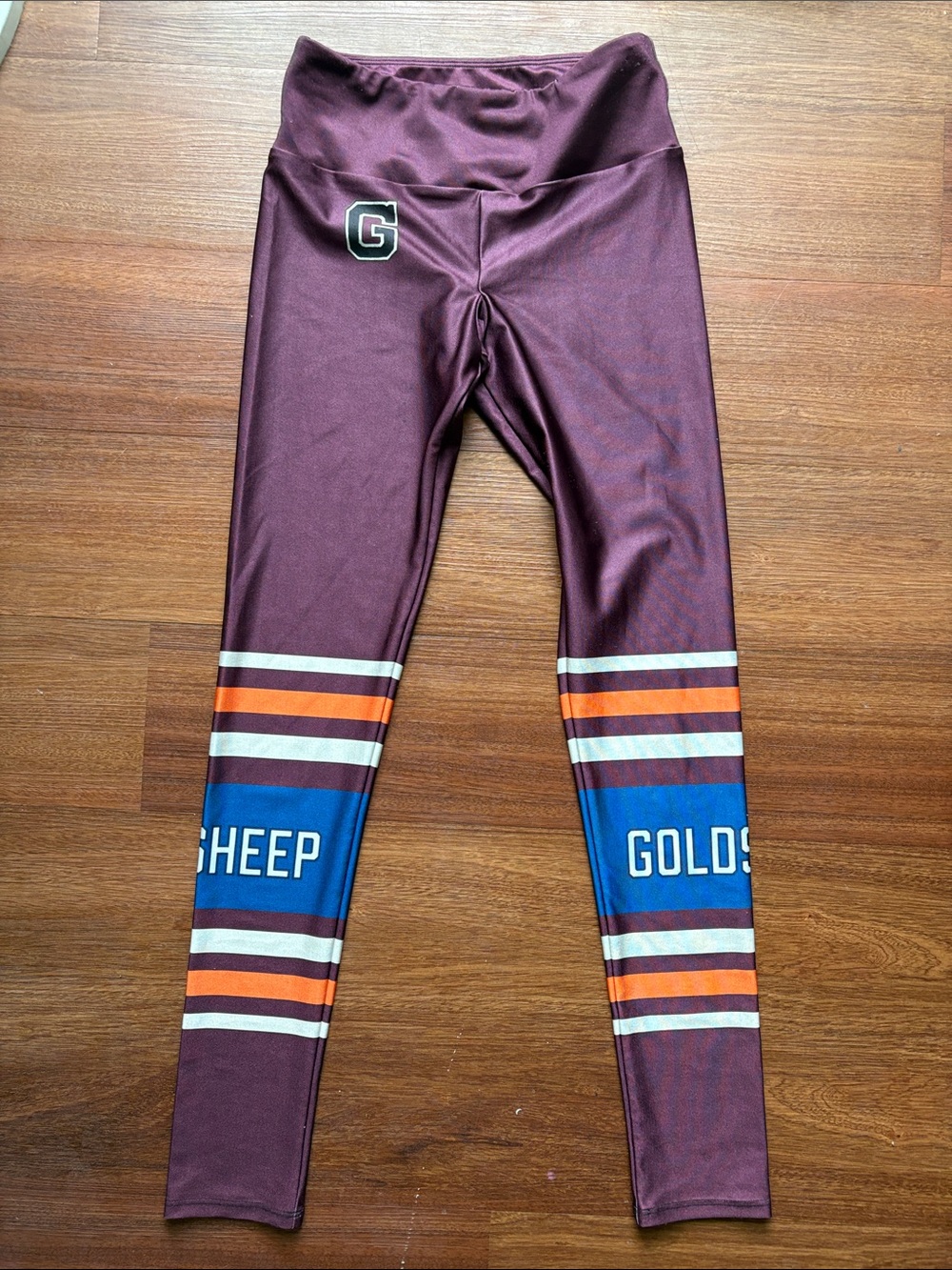 Goldsheep Maroon Leggings with Blue and Orange Stripe Accents